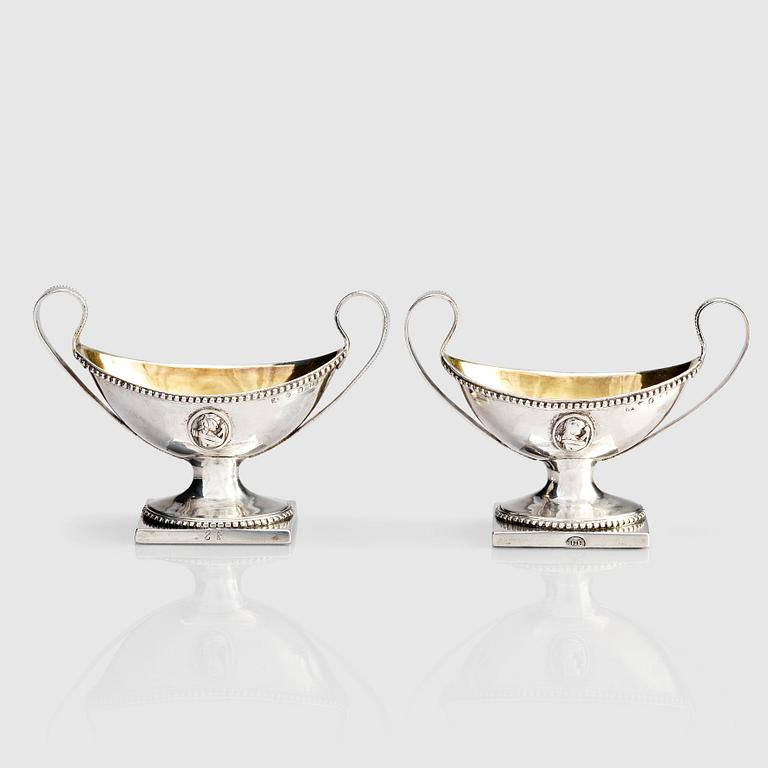 A pair of Swedish Gustavian 18th Century parcel-gilt silver salt cellars, mark of Petter Eneroth, Stockholm 1787.