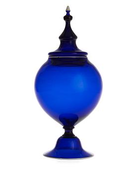 A Swedish blue glass jar with cover, Gothenburg glass manufactory, 18th Century.