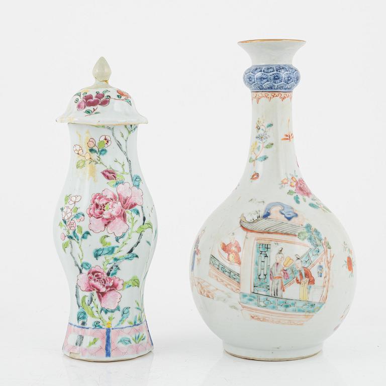 A set of three famille rose vases with covers and a bottle, Qing dynasty, Qianlong (1736-95).