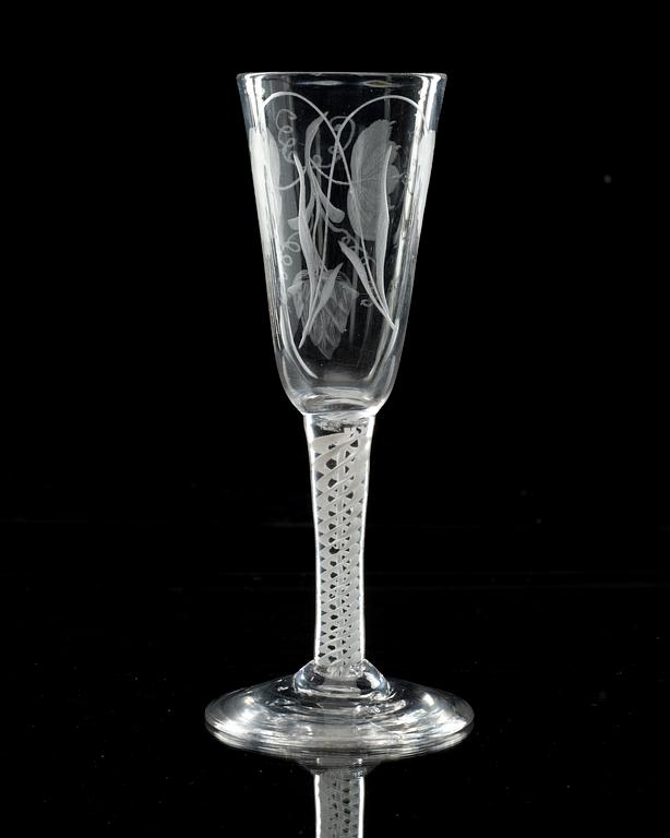 An engraved English wine glass, 18th Century.