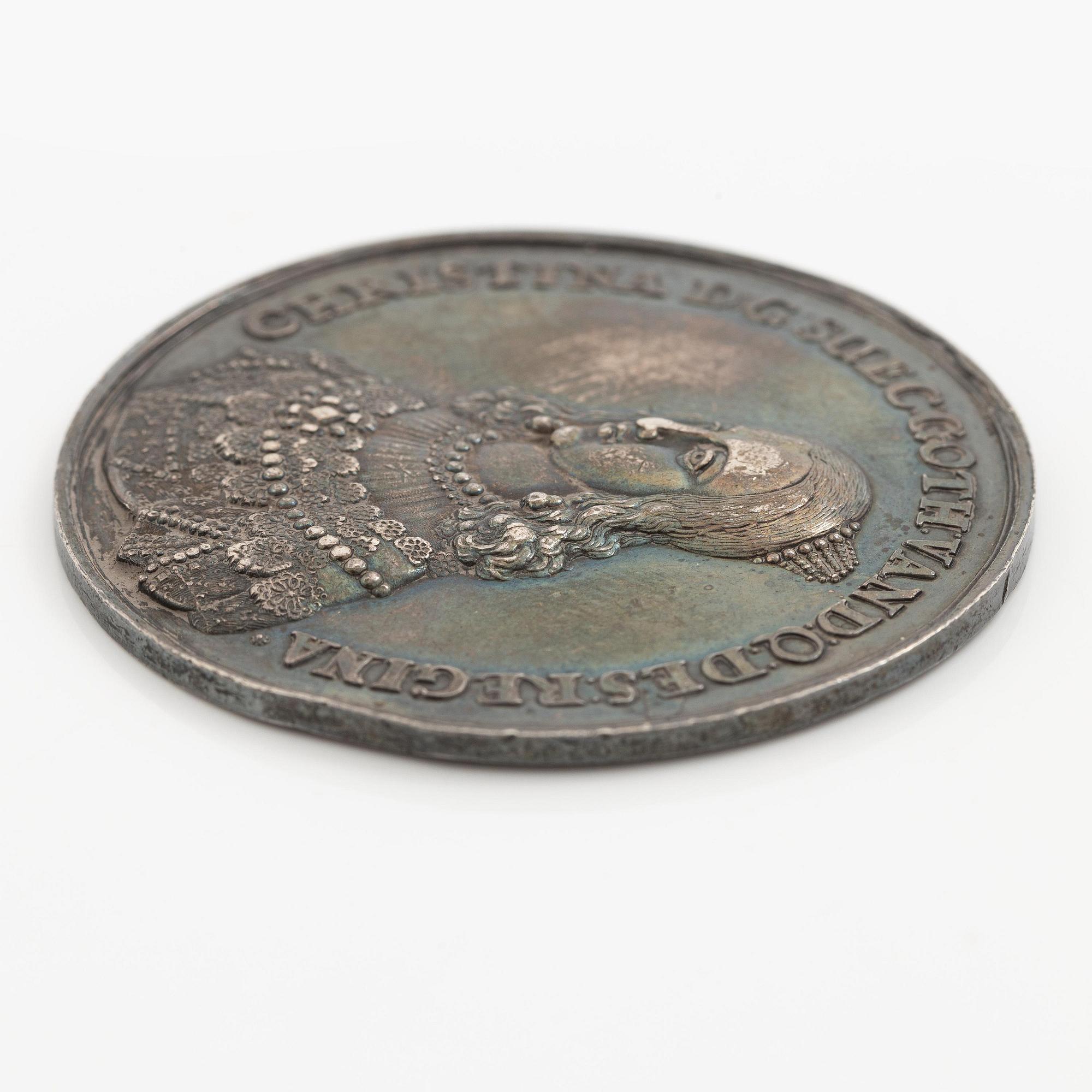 Minnespening, Kristina utkorad till drottning efter faderns död 1632, av Sebastian Dadler (medaljgravör, 1586-1657).