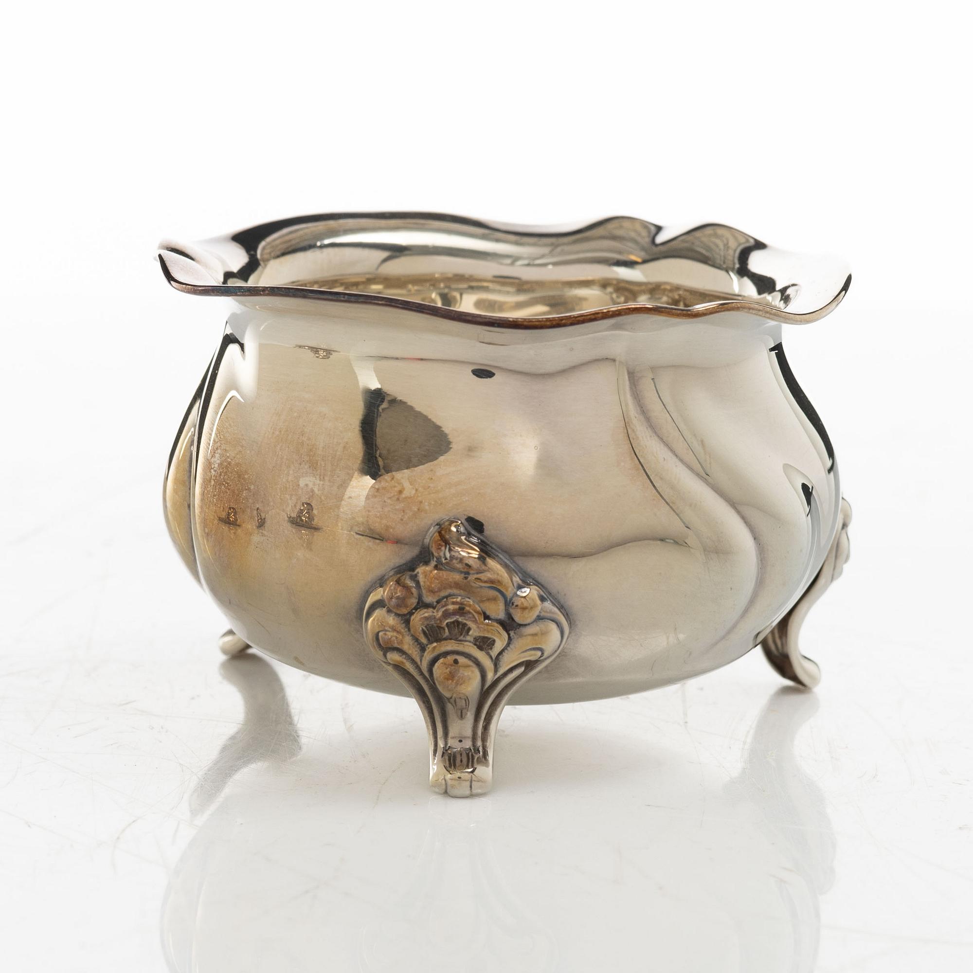 Wilhelm T Binder, sugar bowl, creamer, tray and sugar tong, silver, Schwäbisch Gmünd, Germany, 20th century.