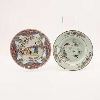 A set of two famille rose plates, Qing dynasty, 18th Century and one Samson, 19th Century.