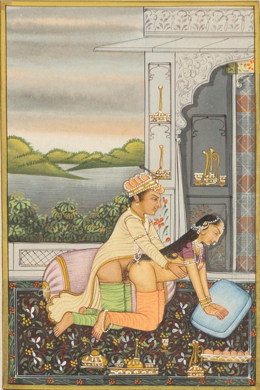 Unidentified artist, Erotic scenes in palace setting, India, 20th century. Three pieces.