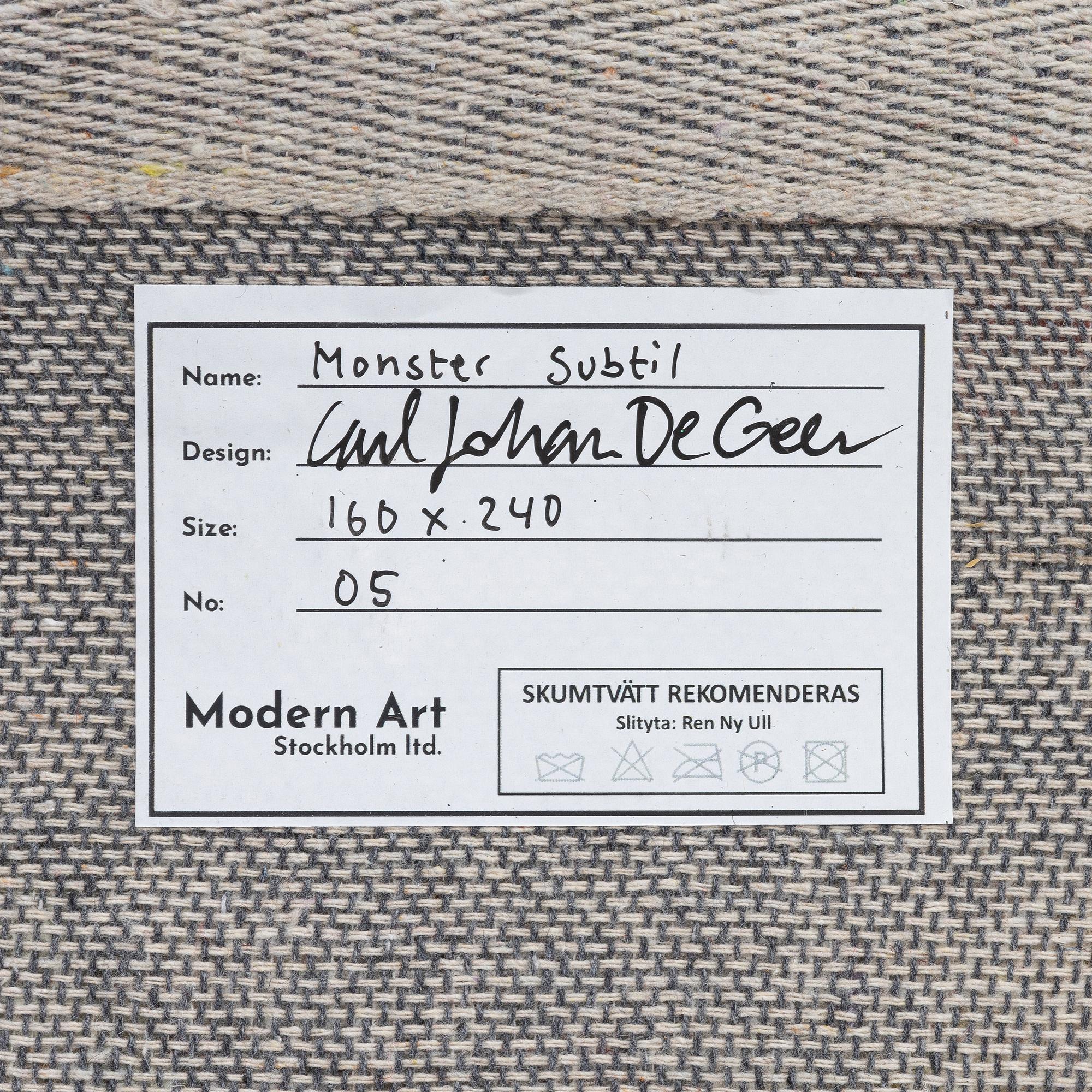 Carl Johan De Geer, a hand-tufted 'Monster Subtil' carpet, signed Carl Johan De Geer and numbered 05, c. 240 x 160 cm.