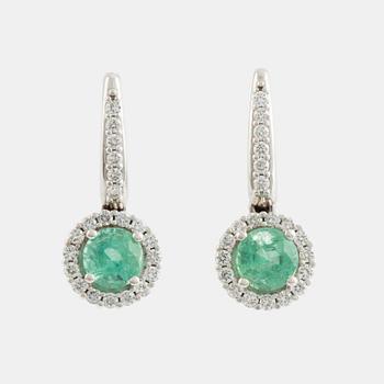 Emerald and brilliant cut diamond earrings.
