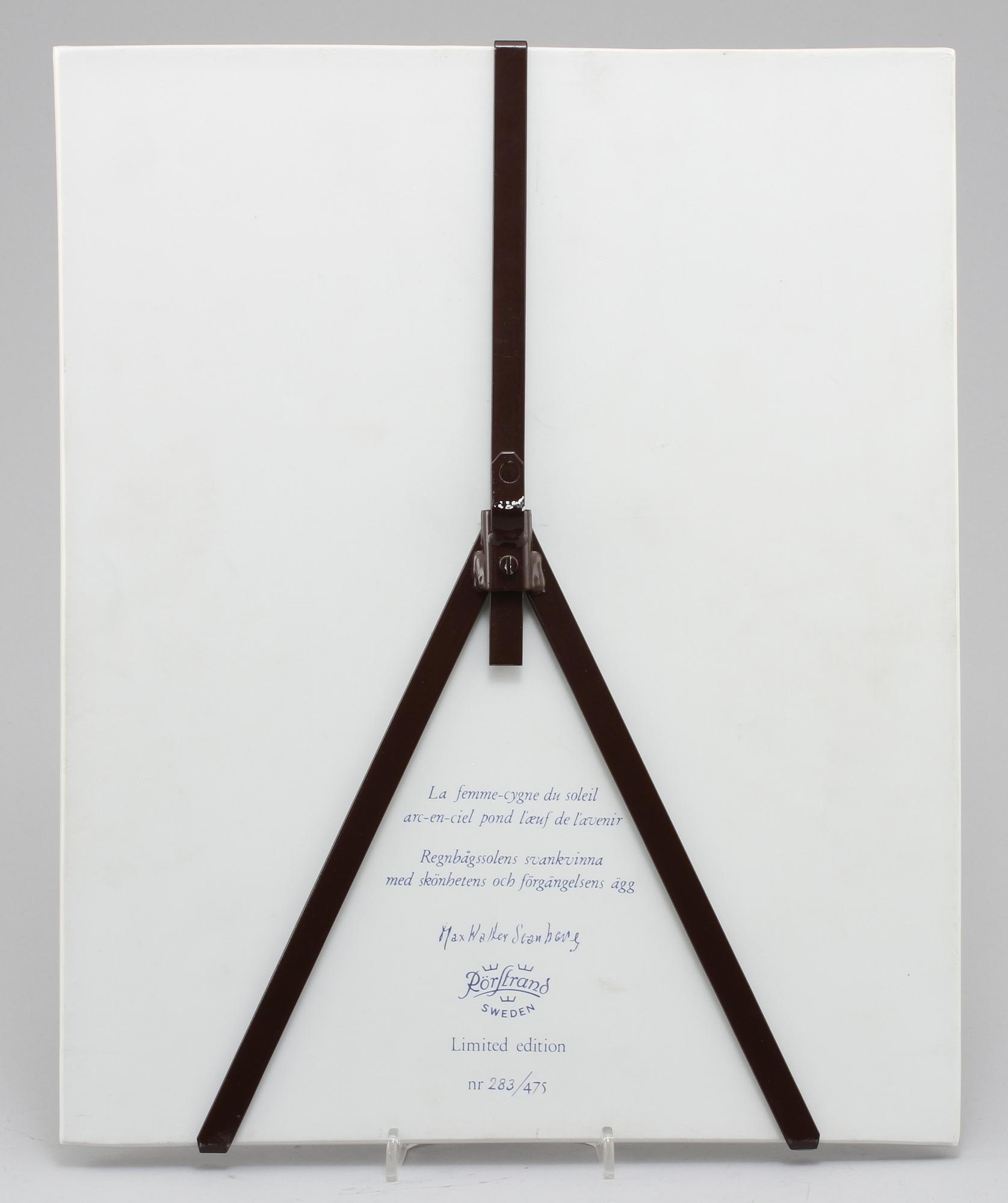 VÄGGPLAKETT, porslin, Max Walter Svanberg, numrerad 283/475, Rörstrand, 1900-talets andra hälft.