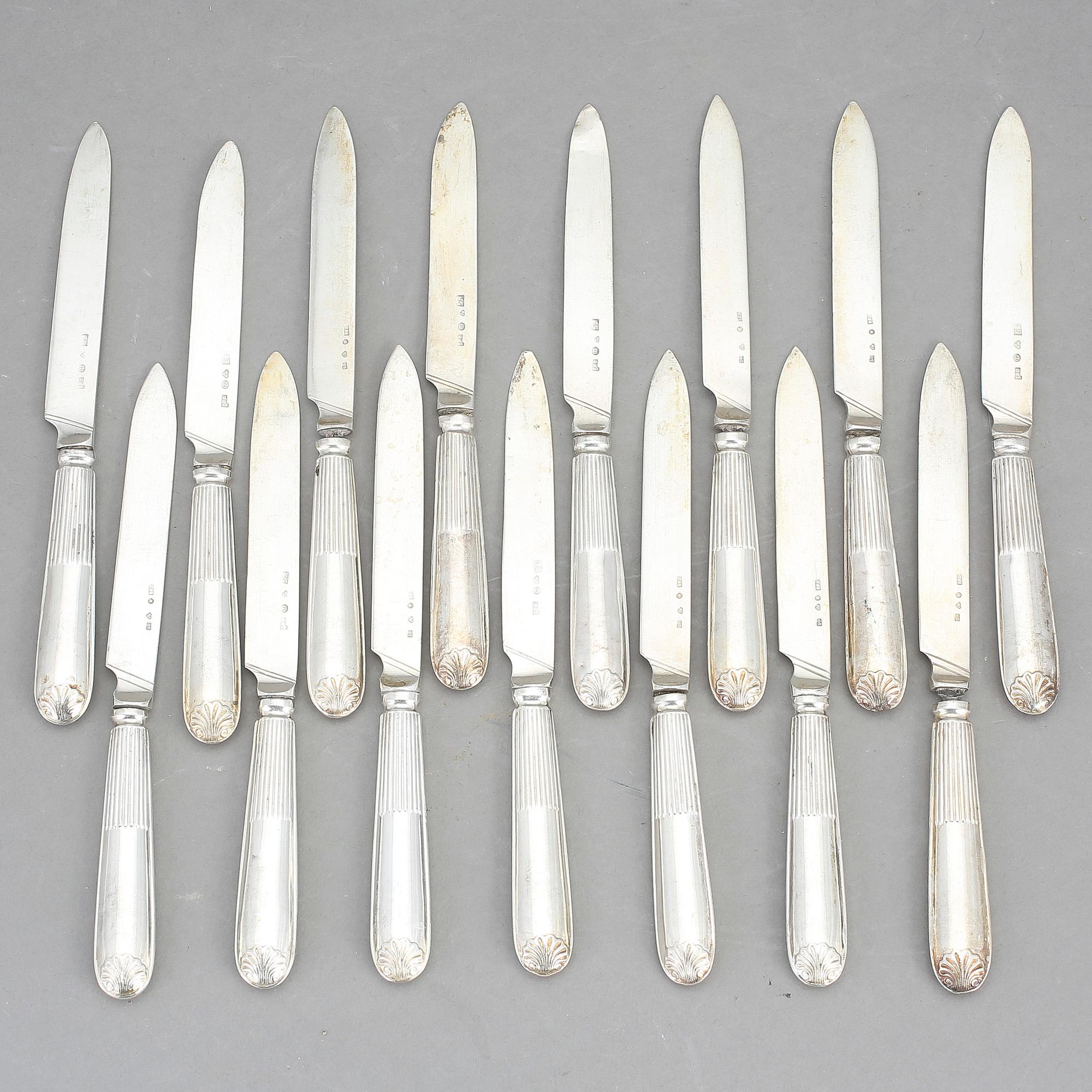 FRUKTKNIVAR, 15 st, silver, bla GAB, bla Stockholm 1800-1900-tal. Tot ca 470 gram.