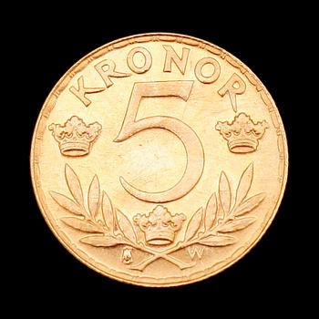 GULDMYNT, 5 kr, Gustaf V, 1920. Vikt ca 2 g.