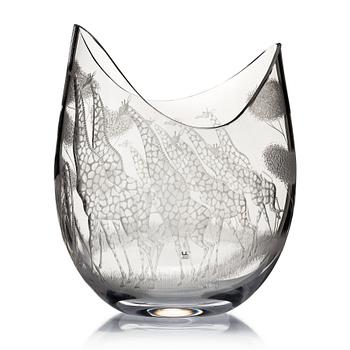 Vicke Lindstrand, an engraved glass vase "Högvilt" (Safari), Kosta, Sweden 1950-60's.