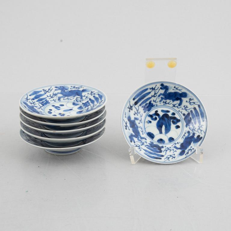 Six small blue and white dishes, China, late Qing dynasty.