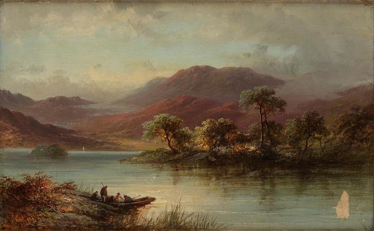 John Burcley, Höglänt landskap med figurer vid båt.