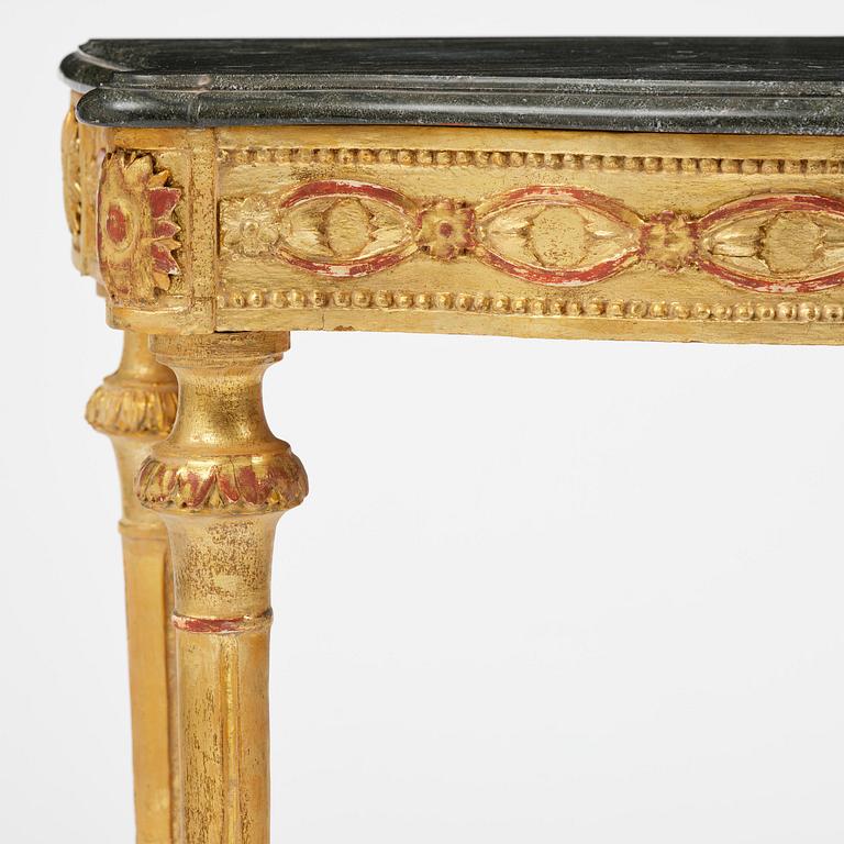 A Gustavian giltwood and Kolmårdsmarble-top console table, Stockholm, late 18th century.
