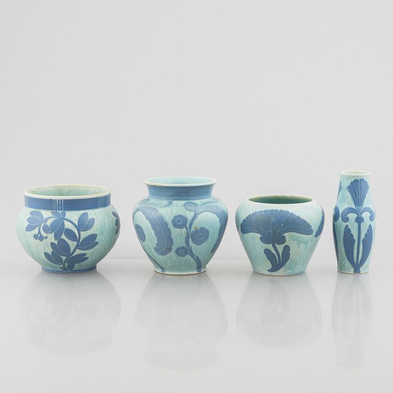 Josef Ekberg, a creamware vase and three pots, 'Sgrafitto', Gustavsberg 1923-1925.