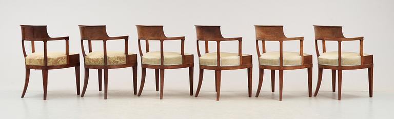 Six Swedish Empire 19th century armchairs.