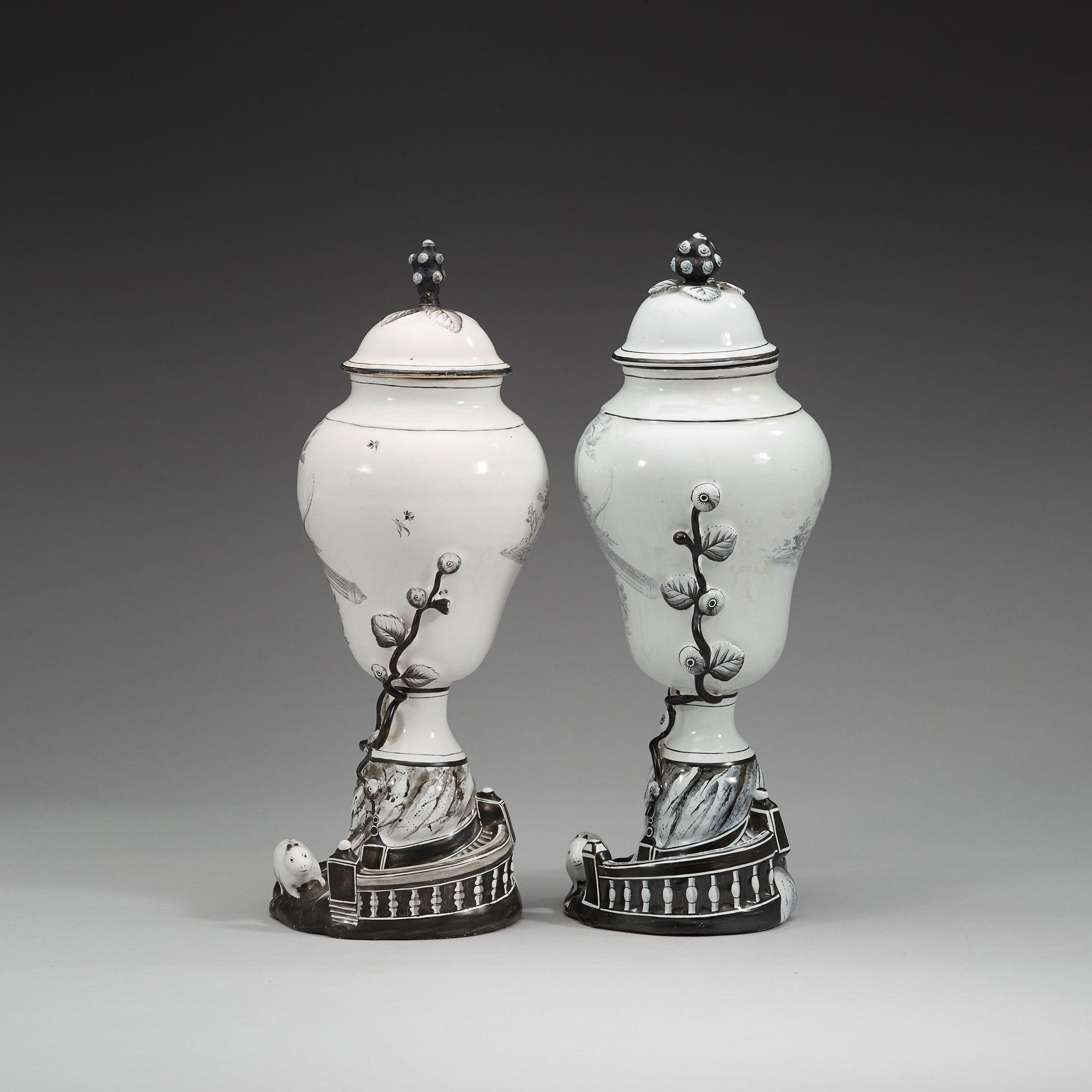 A pair of Swedish faience vases with covers, Marieberg, 18th Century.