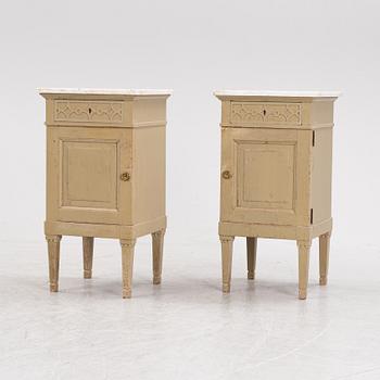 A pair of marble top bedside tables, Frederik Staermose Möbelfabrik, Odense, Denmark, first half of the 20th Century.