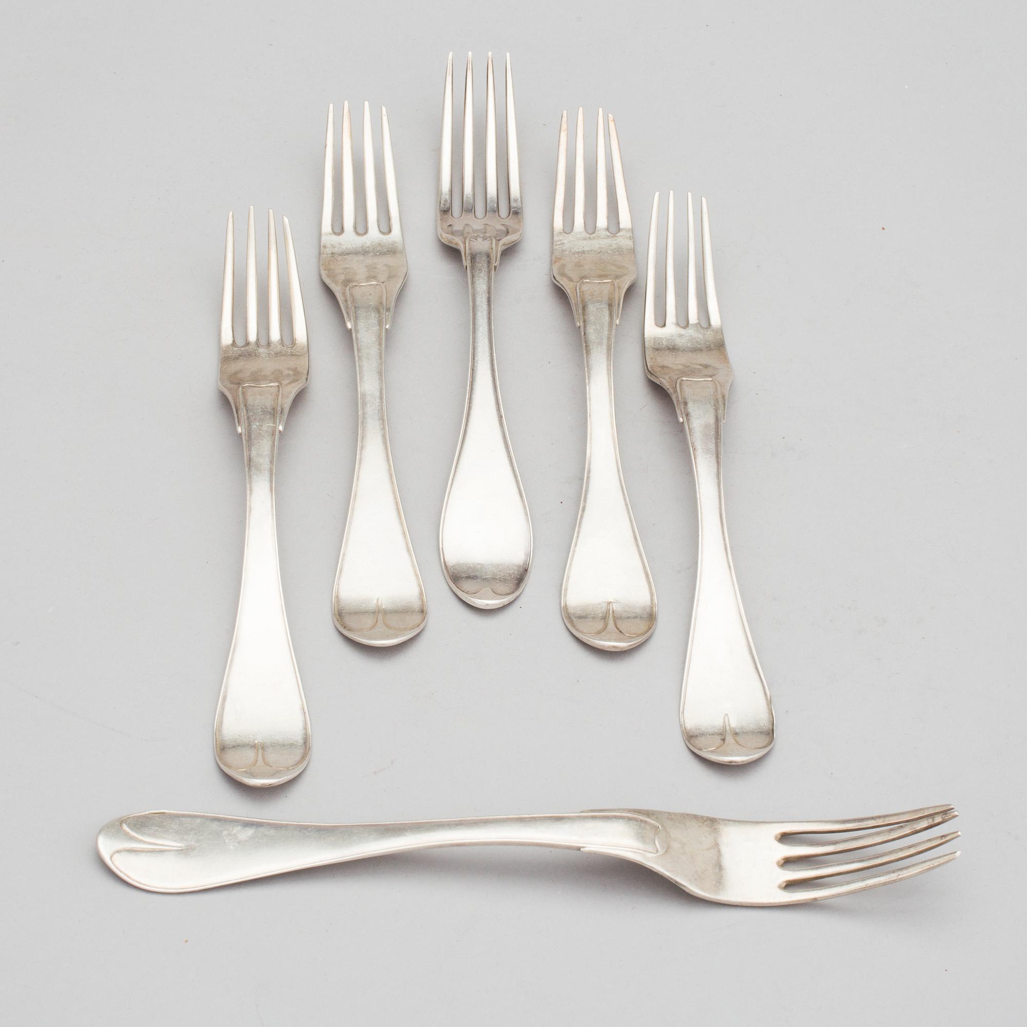 GAFFLAR 6 stycken, silver, bland annat Jonas Troselius, Stockholm, 1802. Vikt ca 386 gram.
