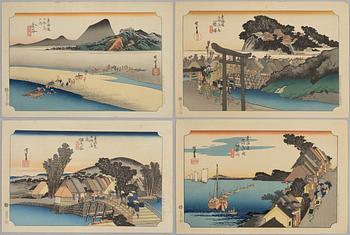Ando Utagawa Hiroshige, efter, fyra träsnitt ur serien "The Fifty-Three Stations of the Tōkaidō", 1900-tal.