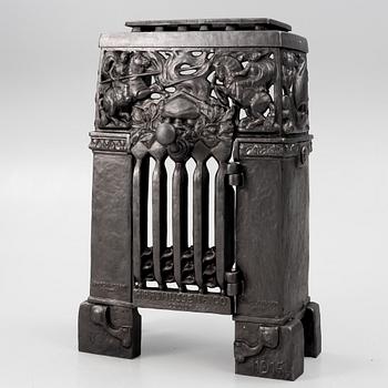 Kamin-front, gjutjärn, jugendstil, efter Hans W Larsen, sent 1900-tal.