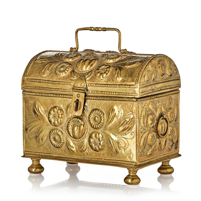 A Swedish baroque repousse brass box, dated 1707.