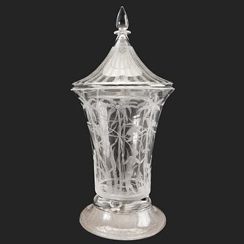a signed Edward Hald glass vase and cover from Orrefors, designed in 1918.