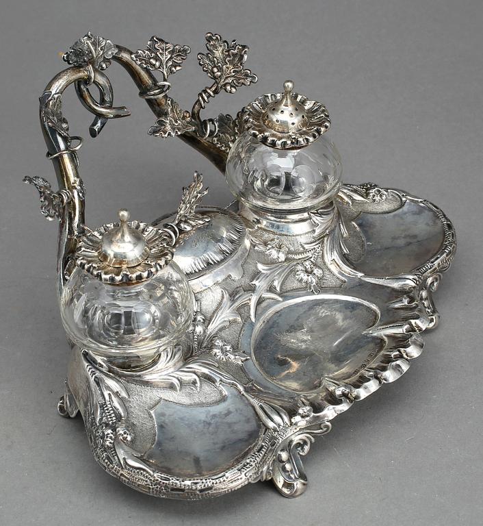 BLÄCKSTÄLL, silver, Otto Lindeberg (1863-1894), Stockholm, nyrokoko, 1874. Vikt exkl glas 204 gram.