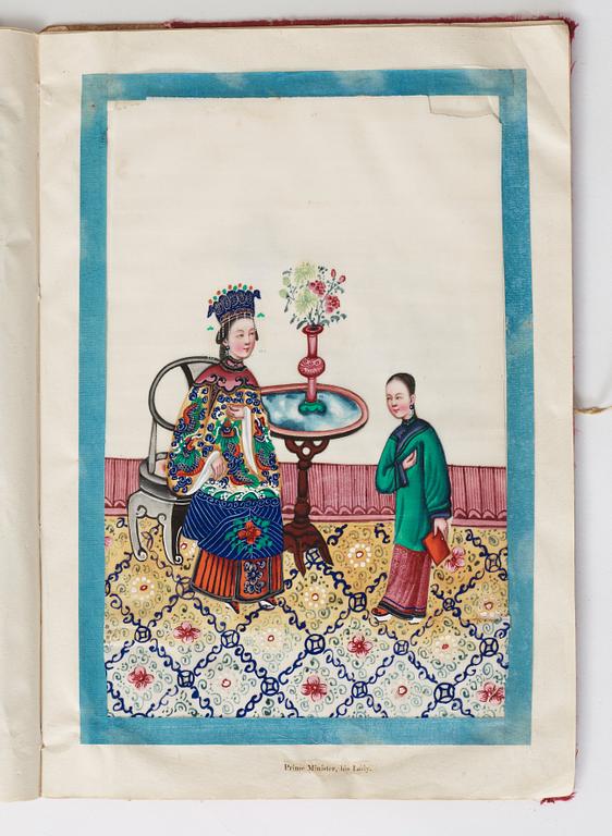 Album comprising 12 export gouaches on pith paper, portraying the Chinese court, Qing dynasty, late 19th Century.