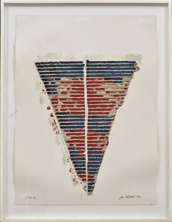 JAN HÅFSTRÖM, färglitografi med applikationer, signerad, numrerad E´tat 7/10 och daterad 1982.