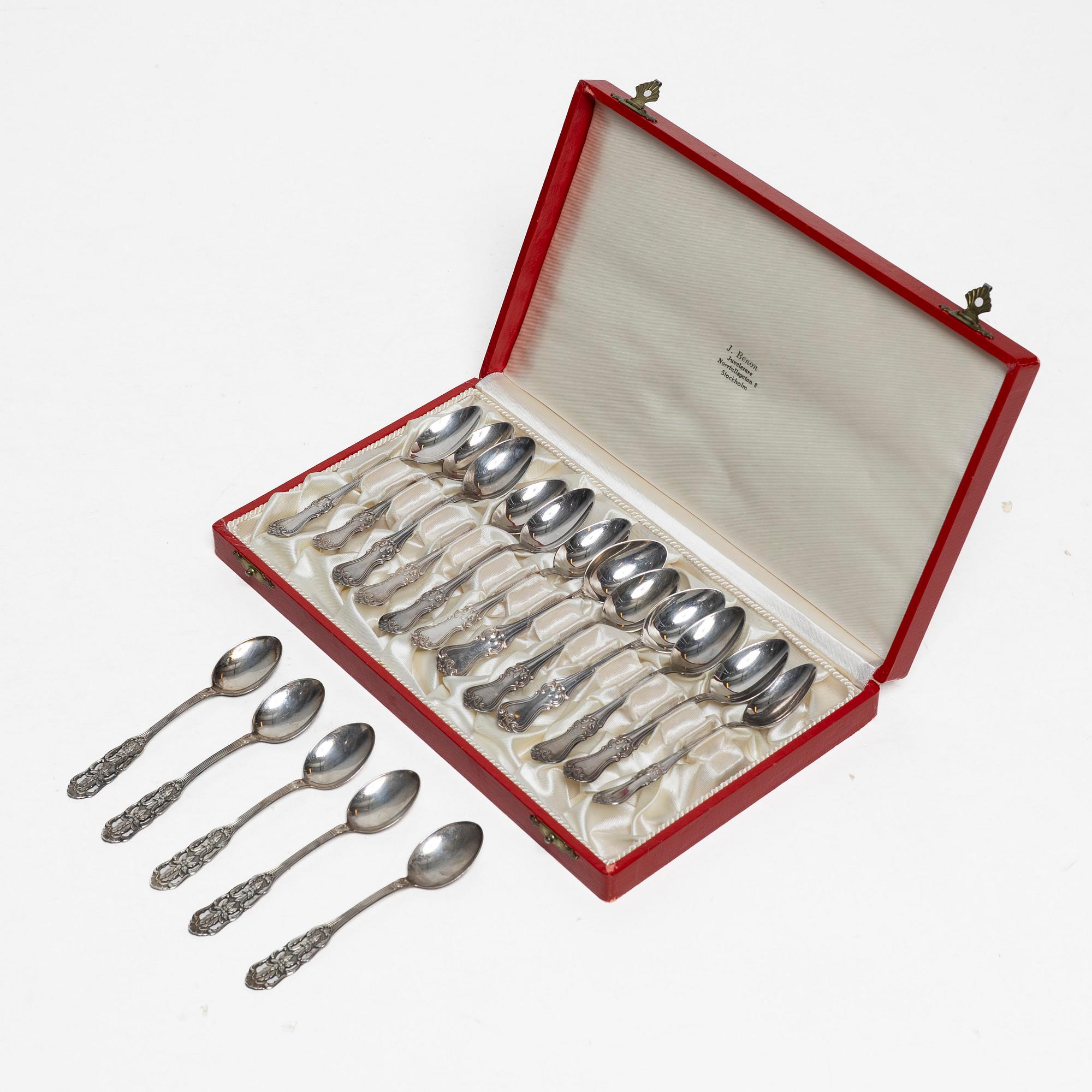 Mocking spoons, 12+5 pcs, silver, including model "Olga", including GAB, Stockholm 1964.