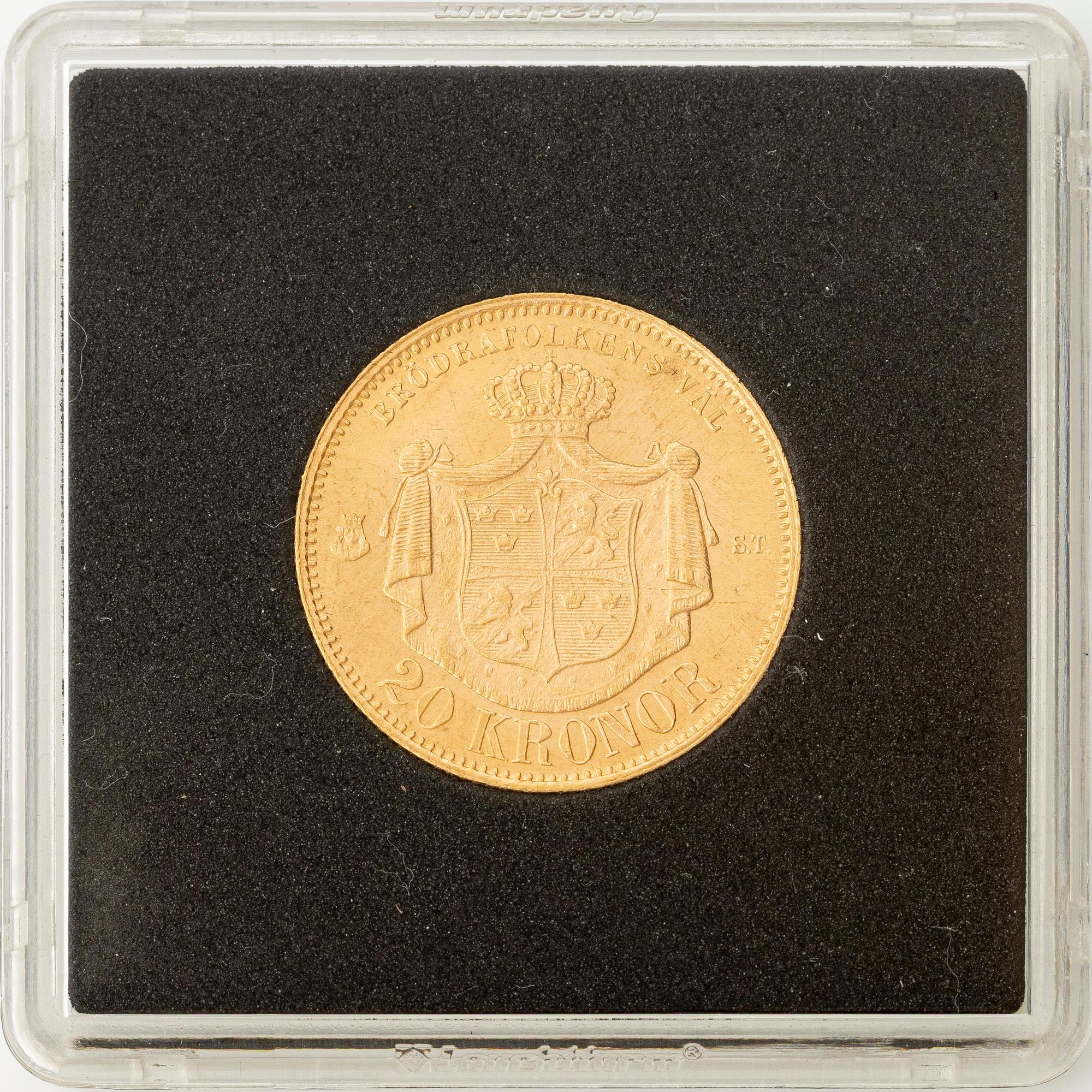Gold coin, Oscar II, 20 kronor, type I, Sweden 1873.