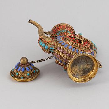 A Tibetan metal and stone inlay pot, 20th century.