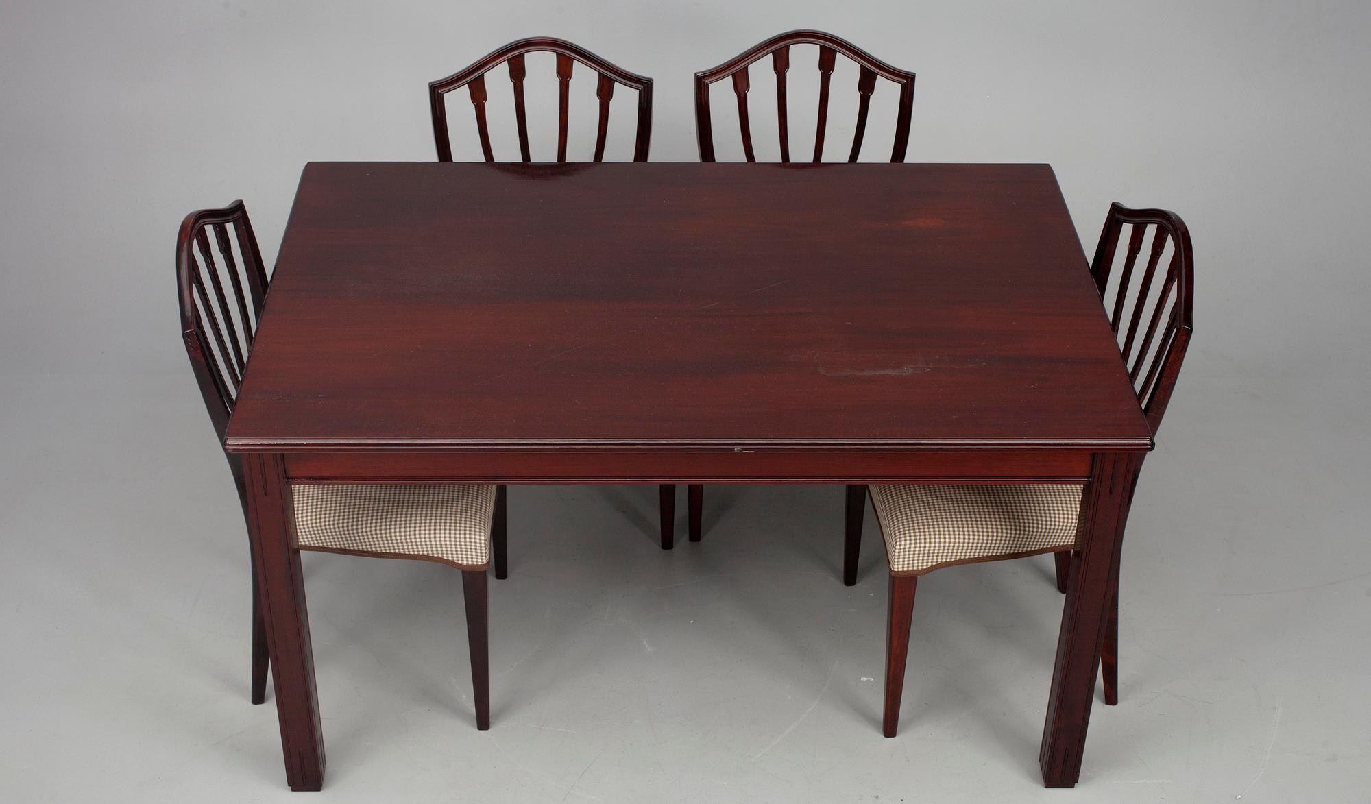 BORD, märkt Paul Boman samt STOLAR, 4 st, Hepplewhite stil, 1900-talets slut.