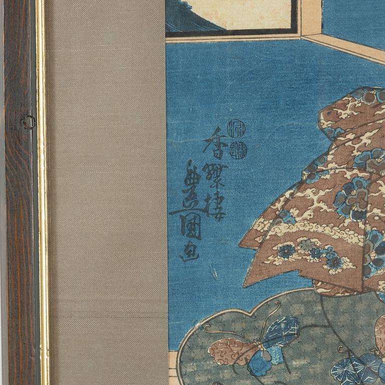 Utagawa Kunisada, a woodblock print triptych, 19th Century.