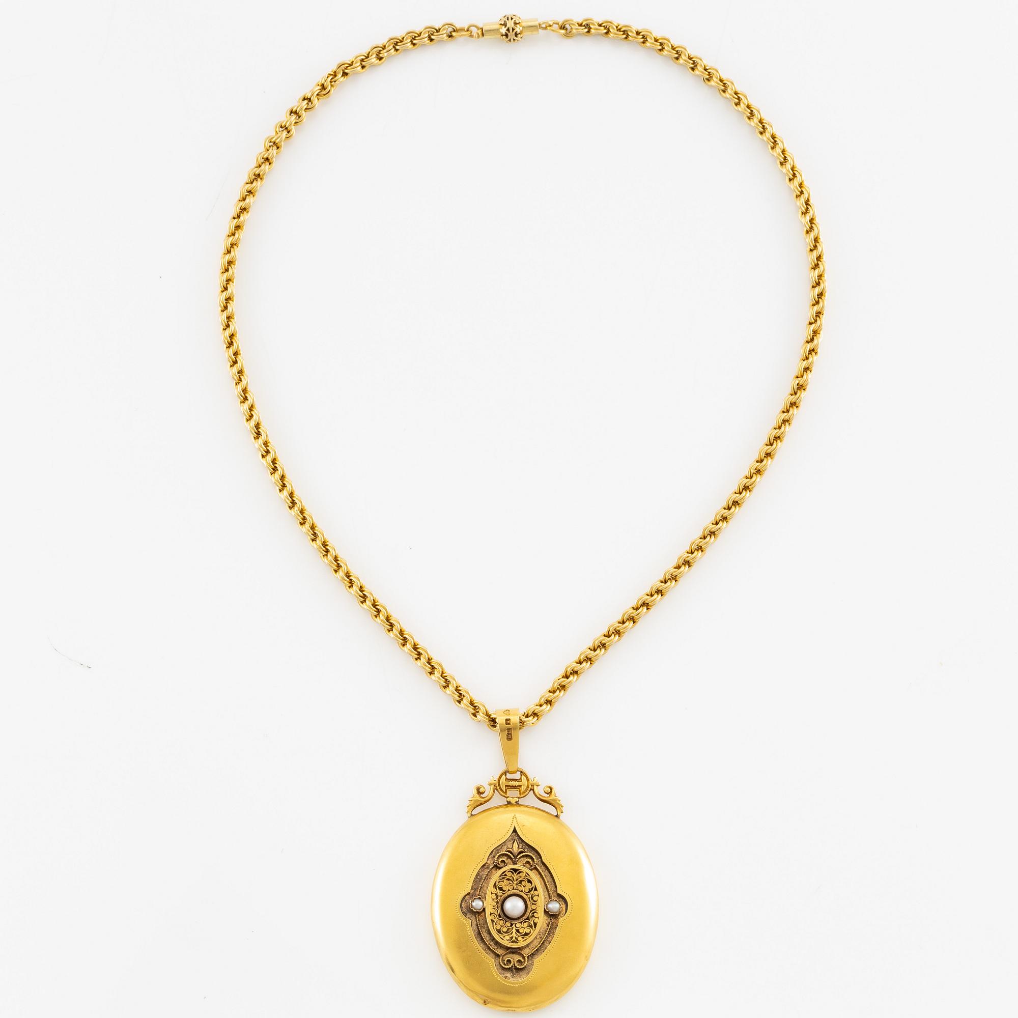 Medaljong 18K guld med pärlor med kedja 18K guld.