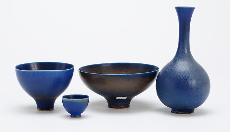 A Berndt Friberg stoneware vase and three bowls, Gustavsberg studio 1940's-50's.