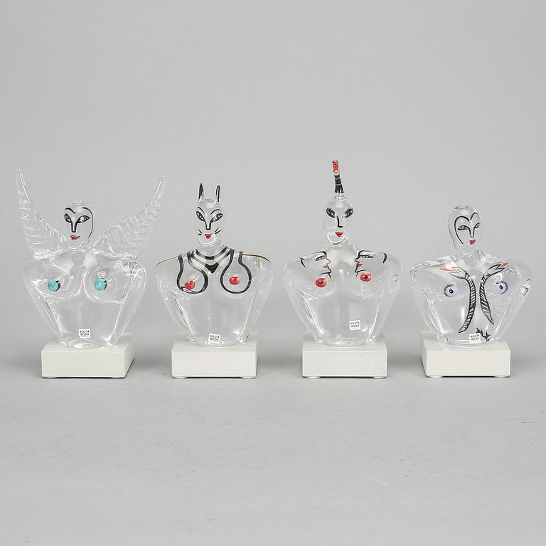 SKULPTURER, 4 st, glas, Ulrica Hydman-Vallien, Kosta Boda.