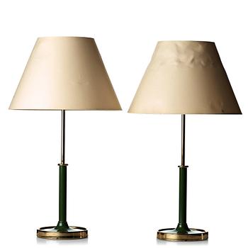 101. Josef Frank, a pair of brass and green lacquered table lamps, Svenskt Tenn, model 2466.