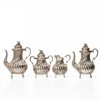 Tea/coffee service, 4 pieces, silver, Rococo style, 20th century.