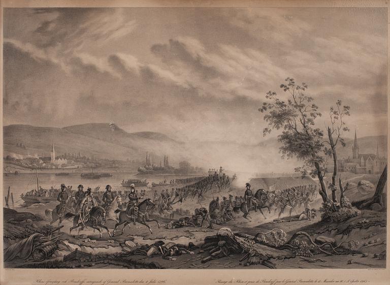 Alexander Clemens Wetterling & Carl Andreas Dahlström Efter, "Slaget vid Feiningen den 22 Aug 1796","Rehns öfvergång och Bendorffs intagande af General Bernadotte den 4 Julii 1796".