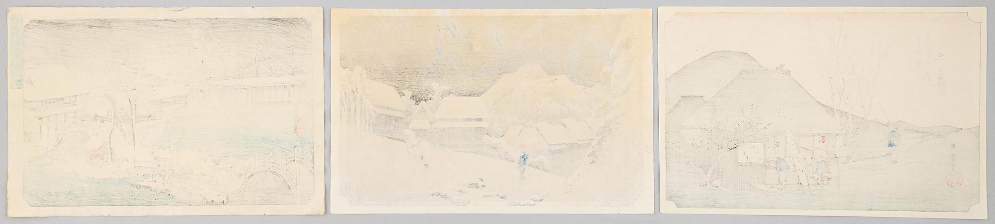 Ando Hiroshige, after, three woodblock prints, 20th century.