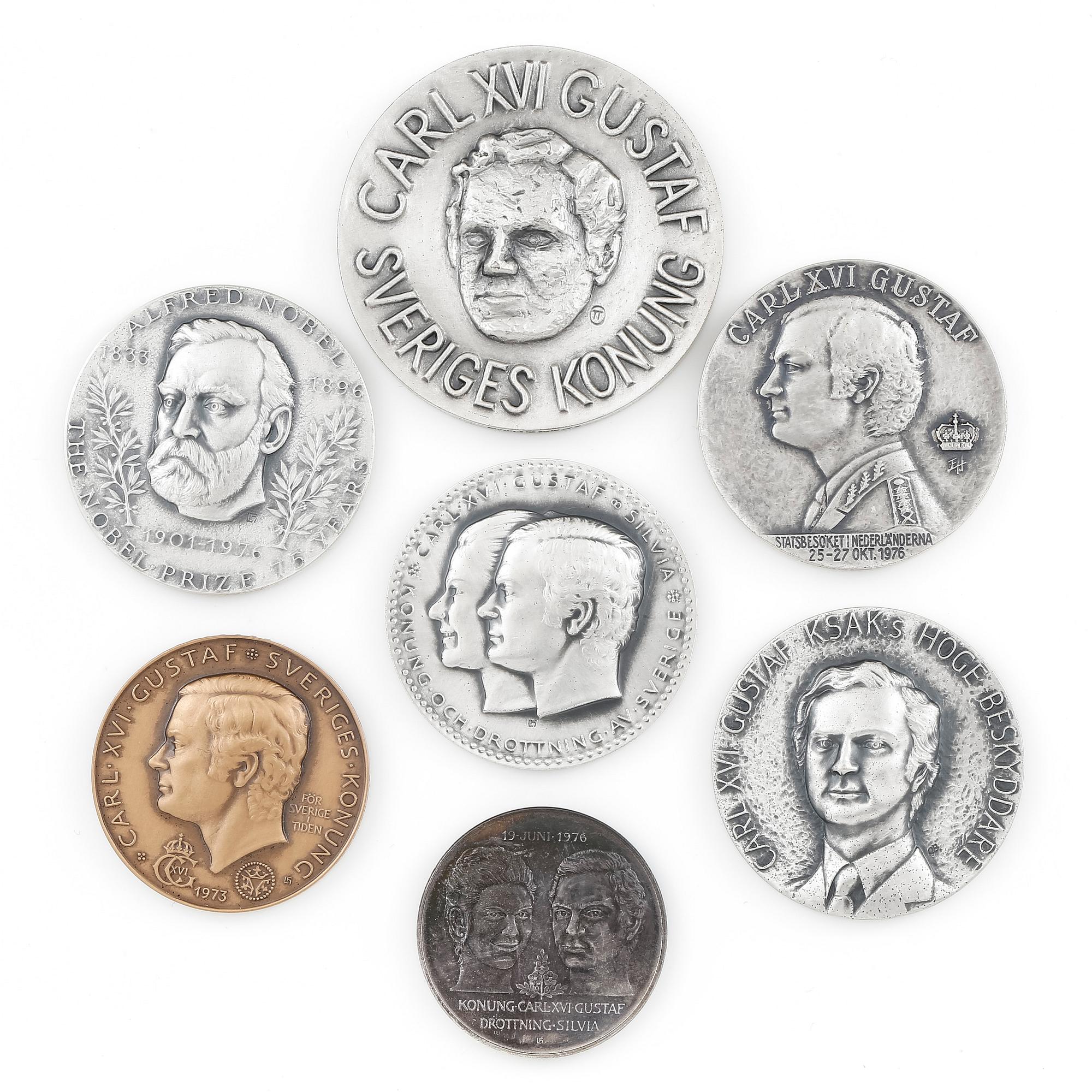 MEDALJER 6+1 st, silver samt en st brons. Mestadels med Carl XVI Gustaf. 1973-76. Vikt ca 330 g.