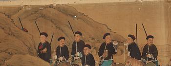 A large hand scroll of an imperial hunting part, Qing dynasty.
