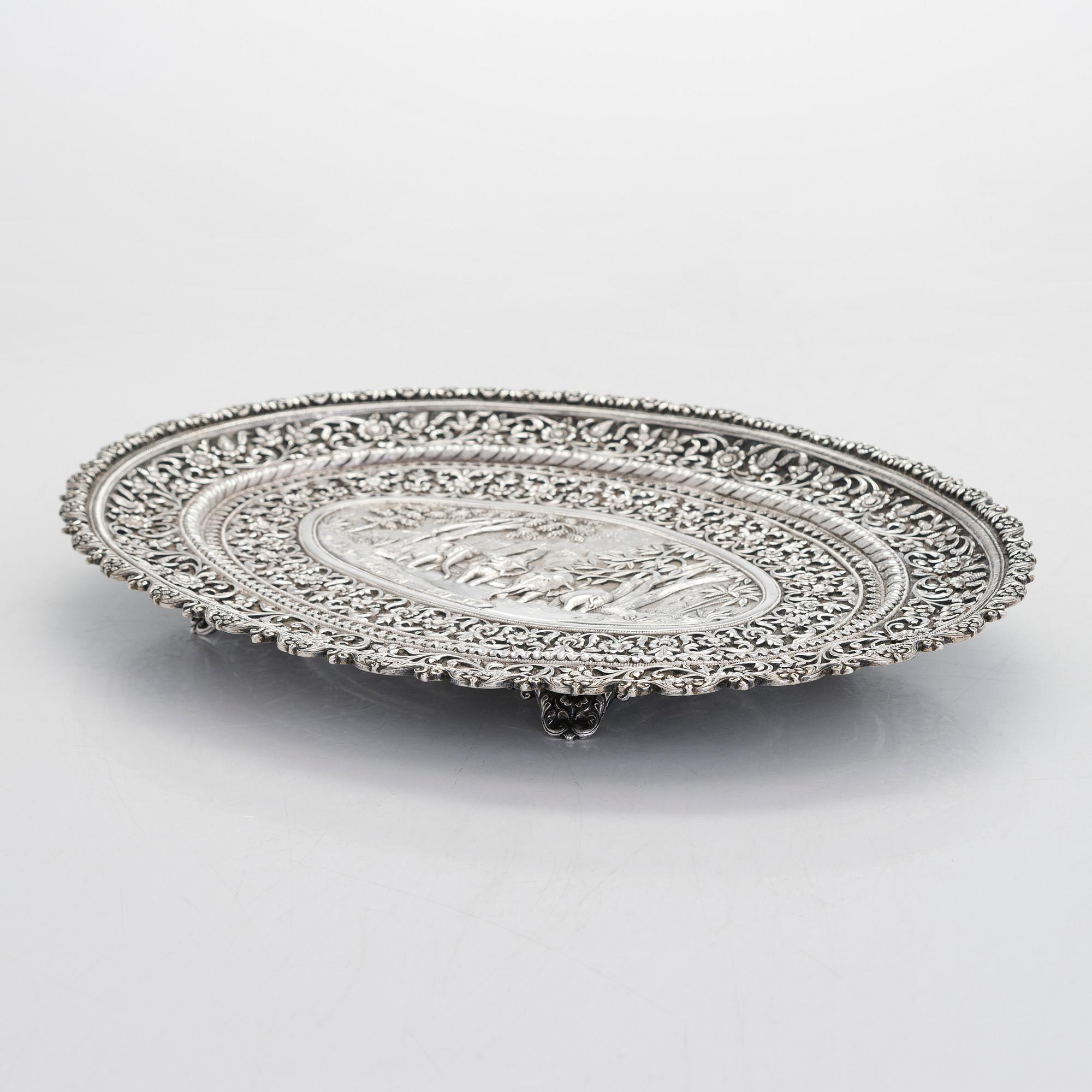 A silver salver, marked OM BHUJ for Oomersi Mawji, Bhuj, Kutch, India, circa 1860-1890.