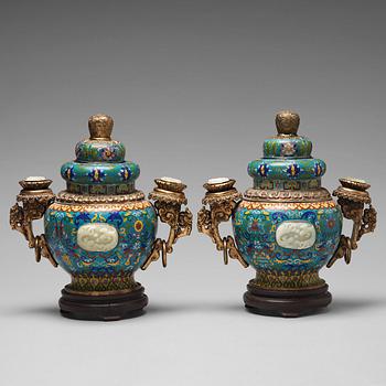 A pair of chinese cloisonne jars with covers with nephrite placques, 20th Century.