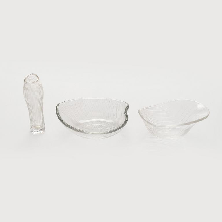 Tapio Wirkkala, a set of three mid-20th century, small line cut art glass objects, signed, Iittala.