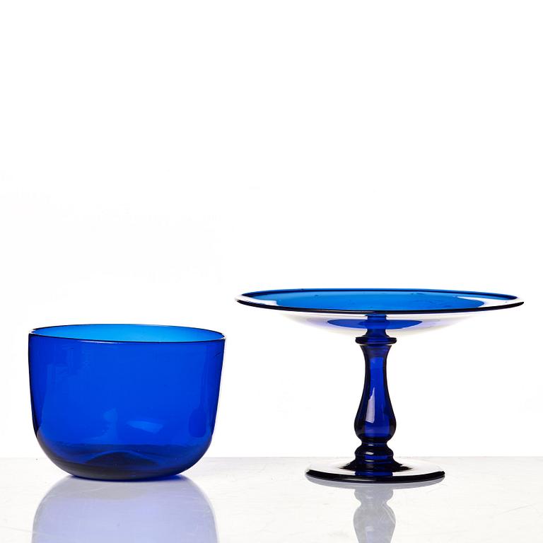 A blue glass tazza and bowl, 19th Century.