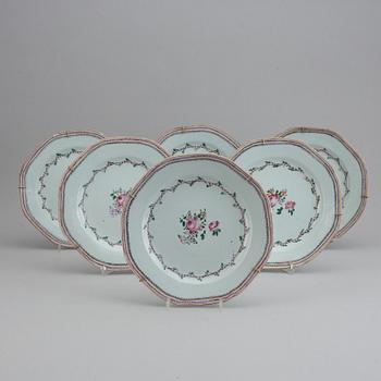 A set of 12 famille rose plates (6+6), Qing dynasty, Qianlong (1736-95).