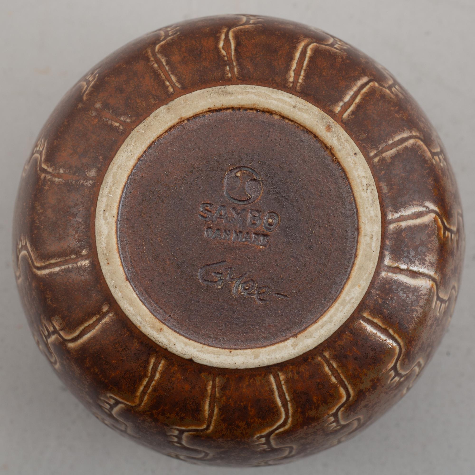 Eva Stæhr Nielsen & others, two stoneware vases and a teapot, Saxbo, Denmark, mid and first half of the 20th century.