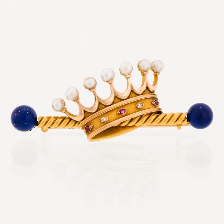 BROSCH, lapis lazuli, pärlor, rubiner, diamanter, 14K (56) guld. Ryssland, 1899-1908.